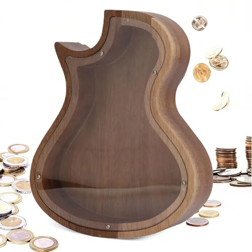 Spardose Holz, Transparente Holz Sparschwein, Guitar Money Box, mit Abnehmbarer Abdeckung, Sparbüchse Transparent für Münzen, Heimdekoration, Geburtstagsgeschenk