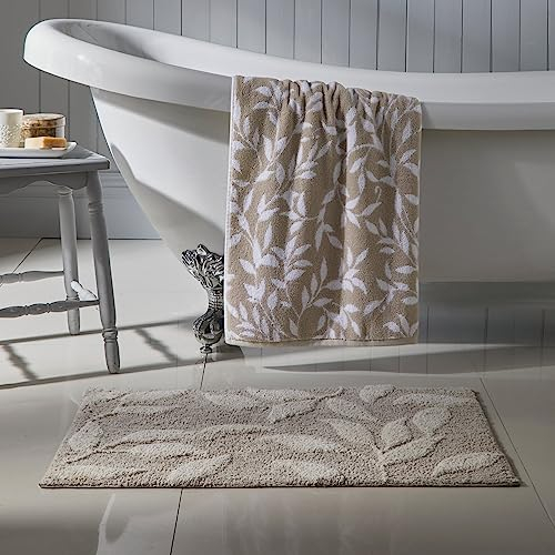 Dreams & Drapes - Natural Leaf Cotton Bath Mat (50 x 80cm) - Soft Touch - Light Taupe, Cream Botanical Floral