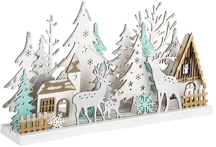 Spetebo Holz Winterlandschaft 30 cm beleuchtet - 15 LED warmweiß - Weihnachts Fenster Deko Aufsteller Winter Haus Silhouette