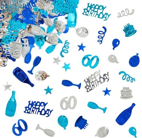 Giftota - 60. Geburtstag Deko Set Mit Konfetti (Blau, Silber) - Partydekoration für Jubiläen und Feiern