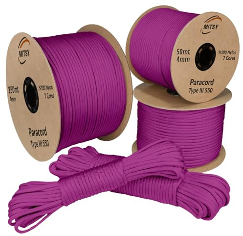 MITSY Paracord 550 Typ III Nylon Schnur 4 mm 50 Meter Fuchsia | Fallschirmschnur, 7 Kern Seil, Reißfest & Wetterfest, Allzweckseil für Camping, Outdoor & Survival, 10m, 25m, 50m, 100m, 250m