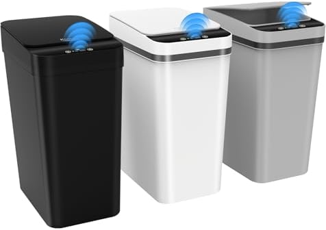Kssvzz 3 Paquetes papelera baño automatica 10L,Cubo de basura inteligente con tapa, Bote estrecho de cubos basura con sensor de movimiento para baño, dormitorio y oficina (3, negro/blanco/gris)