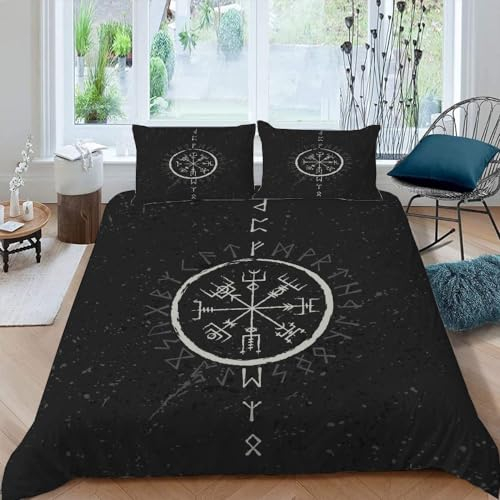 Bettwäsche 220x240 Wikinger Mythologie 3D Bettwäsche-Set 3 Teilig Symbol Rune Weiche Microfaser Bettbezug mit Reißverschluss und Kissenbezug 80x80cm für Mädchen Jungen Kinder