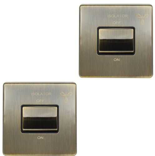 2 PACK SCREWLESS 6A Extractor Fan Isolator Switch ANTIQUE BRASS 3 Pole Shower - 230V Bathroom Wetroom Fan Switch Wall Plate