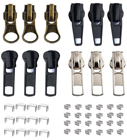 JOSDIOX Zipper Repair Kit 12 Pcs Sliders with Pulls for # 5 Metal Plastic Nylon Zippers in 3 Colors Top Bottom Stops Replacement Zip for Jacket Backpack Home Decorations.
