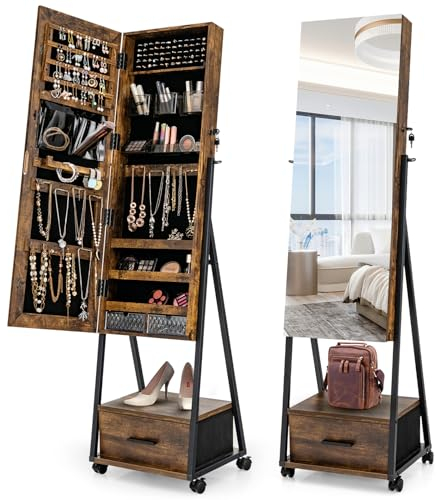 GOPLUS Schmuckschrank mit Spiegel, 360° drehbarer Spiegelschrank mit Schublade, abschließbare Schmuckaufbewahrung mit Rollen (Braun)