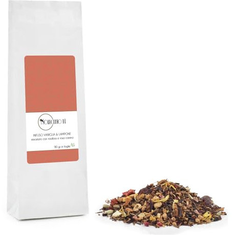 Novecento Tè® | Infuso Vaniglia e Lampone | Rooibos Vaniglia Lamponi Ibisco in Foglie - 90 Gr | Tè Rosso Infuso Frutta e Fiori Sacchetto