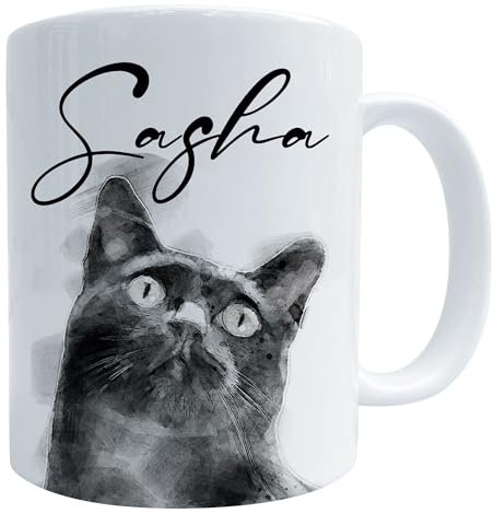 Generic Black Cat Art Mug, Personalised Name 11 Oz Ceramic Coffee Cup, Custom Gift, MU001