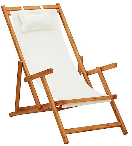 FUDUGEHMIOFWFJJ gartenstuhl klappbar,gartensessel,balkonstuhl,Klappbarer Strandstuhl Eukalyptus Massivholz und Stoff CremeGeeignet für Garten, Terrasse, Esszimmer