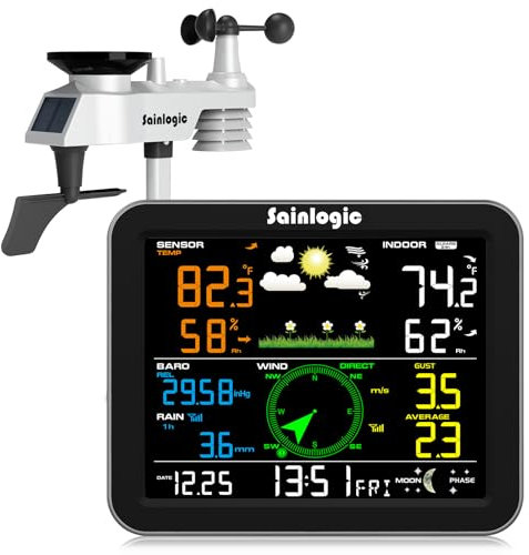 Sainlogic Weather Station Wireless Indoor Outdoor Weather Station with Rain Gauge and Wind Speed/Direction, Temperature, Humidity, Air Pressure, Weather Forecast, Moon Phase, and Alarm
