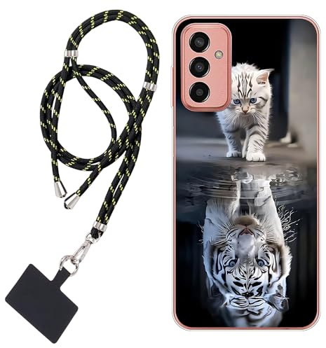 WUACYEAMING Hülle für Samsung Galaxy M13,Mode Chic Muster Ultra Dünn TPU Silikon Stoßfest Schutzhülle Slim Case Cover Katze und Tiger Weißer Tiger+1*Tragbares Universal-Lanyard