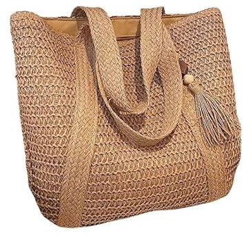 YLCYDLYU Umhängetasche für Damen Stroh Gewebte Handtasche Frauen Urlaub Strand Commute Casual Tote Top-Griff Taschen Mode Retro Schultertaschen-Braun