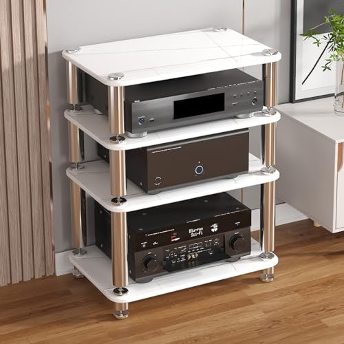 YVYKFZD Video Audio Rack HiFi Regal, offener HiFi Rack Komponentenschrank, bodenstehender Phonoschrank mit stoßdämpfenden Füßen, multifunktionaler Record Player Stand(Wit,4 Tier-23.6X15.7X29.9)