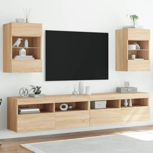 Homgoday Meuble mural TV avec lumières LED - 2 pièces en chêne sonoma - 40 x 30 x 60,5 cm - Meuble de centre de divertissement - Meuble TV - Meuble TV - Meuble de salon - Coffre de rangement