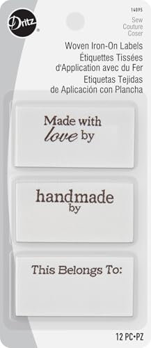 Dritz Woven Iron-On Labels, Off White Background with Brown Text