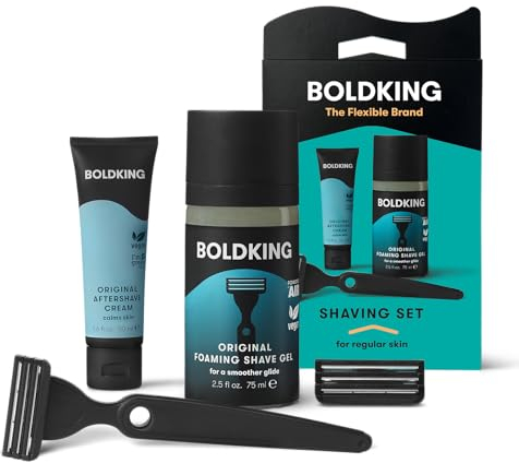 Boldking Bartpflege Set für Männer Regular - Rasierset mit Nassrasierer, 2 Stück Rasierklingen, Rasiergel Männer und After shave Creme - Rasierset für Männer für normale Haut
