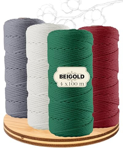 BEIGOLD® Premium Makramee Garn 3mm x 100m - Makramee Set Weihnachten (Rot,Grün,Natur,Grau) - Baumwollmischgarn zum Knüpfen von Macrame - Rope Garn - Makramee Garn Set aus Baumwolle für Kunst DIY