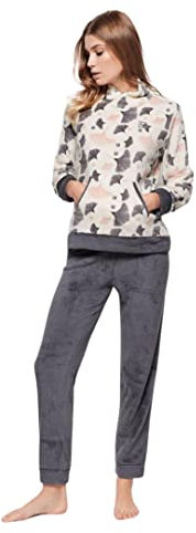 Pigiama Serafino Lungo Donna caldissimo Pile Collo Scialle L.B. Avorio Grigio Scuro Taglia L