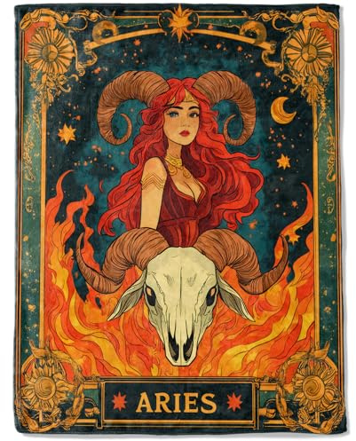 ainori Aries Zodiac Fleece Blanket - Lightweight Soft Cozy Gifts Throw for Zodiac Lovers,Women,Men,Red-Haired Warrior Ram's Skull Tarot Blankets,Home Room Modern Artistic Bold Decor 50x60in
