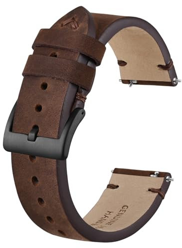 BISONSTRAP Distressed Leder Uhrenarmband, Uhren Armband für Herren, Schnellverschluss Federstege, 18mm, Kaffeebraun (Schwarze Schnalle)