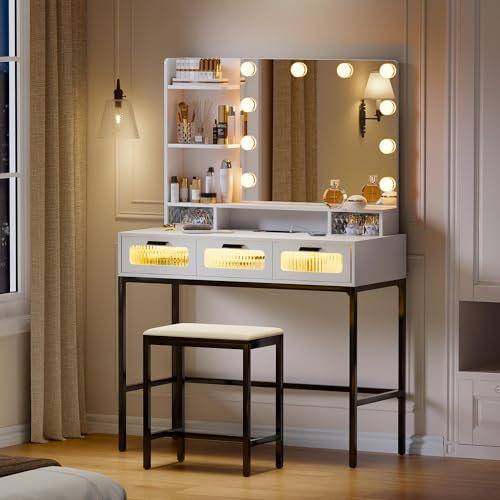 Gurexl Schminktisch mit Spiegel, RGB LED Schminktisch mit Hocker Beleuchtung Schubladen Glasplatte 5 Schubladen, Haartrocknerständer USB Type-C Weiß