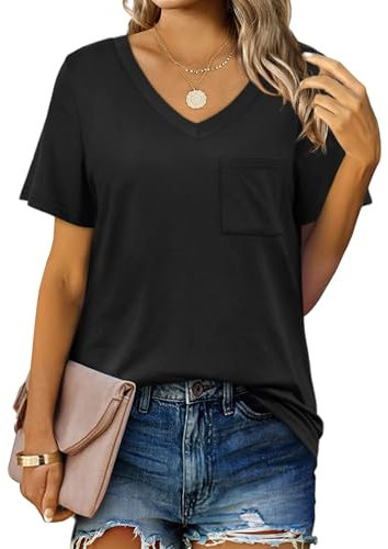 Suncife Lässiges Sommer-T-Shirt für Damen, kurzärmelig, V-Ausschnitt, T-Shirt mit Tasche, Schwarz, XL