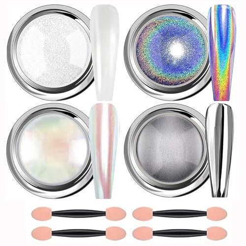 White Pearl Chrome Nail Powder Set - 4Pcs Metallic Holographic Aurora Art Pigment for DIY Manicure - Mermaid-Inspired Chrome Powder Kit
