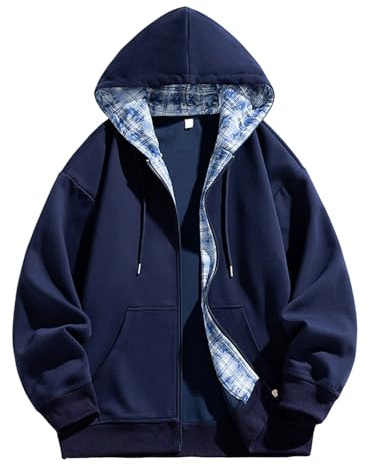 Generisch Herren Hoodie Retro Plaid Splicing Kapuzenpullover Basic Kapuzenpullover Full Zip mit Karierte Kapuze Sweatjacke Casual Sweatshirts Unisex Kordelzug Hoody Modische Sportjacke