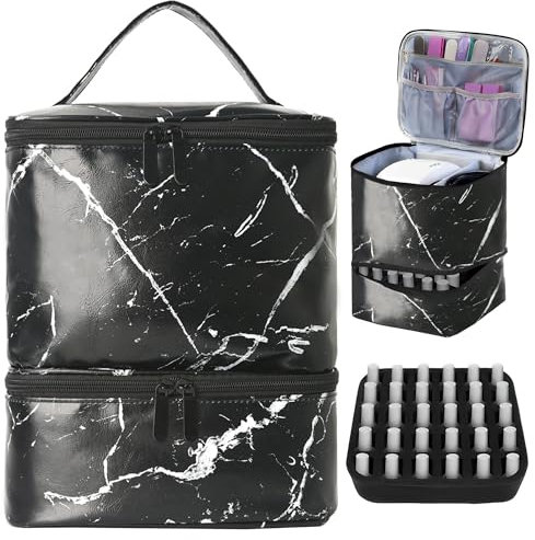 MZSX Double-Layer Nail Polish Storage, Holds 30 Bottles (15ml/0.5 fl.oz) and Nail Lamp, Nail Dryer Case, Nail Polish Organizer Bag, Travel Storage Bag for Manicure Set, Portable Vanity Case (Black)