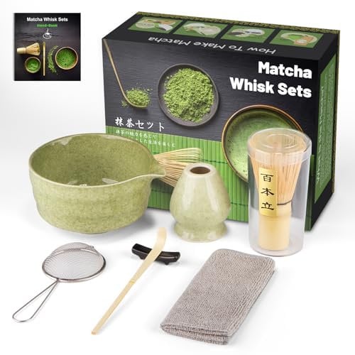 7 Pcs Matcha Tea Set,Matcha Whisk Kit with Bamboo Whisk, Ceramic Bowl, Scoop & Holder,Complete Matcha Making Kit for Traditional Japanese Tea Ceremony,Handmade Matcha Making Kit for Tea Drinking