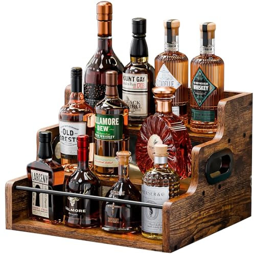 Liquor Bottle Display Shelf, Wooden Coffee Syrup Rack Organizer, 3 Step Retro Countertop Liquor Wine Rack, Mini bar, Liquor Cabinet, Home Bar Shelf Stand Liquor Whiskey, Spirits for Party