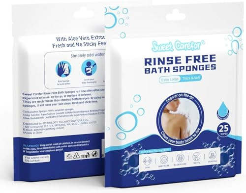 Sweet Carefor Rinse Free Bath Sponge Wipes Body Wash Wipes for Bathing -Bed bath,Camping, Festivals,Hospitals, Gym and Travel (Pack of 5 (125 PCS))