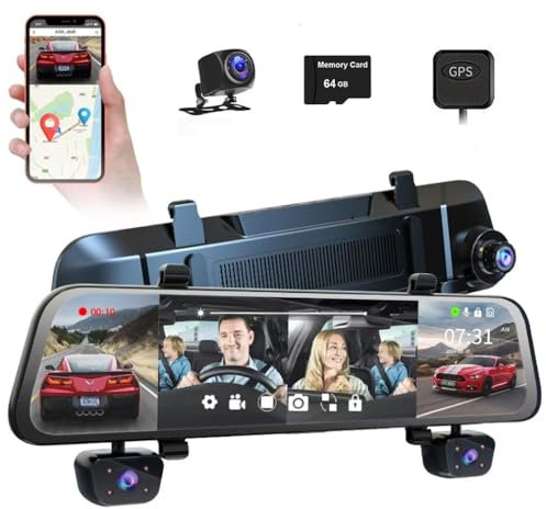 360 Degree Panoramic 4 Channels Dash Cam, HD 1080P Front And Rear Camera, Built in Wifi APP GPS Tracker Night Vision Car DVR, With 12 Inch IPS Screen Rearview Mirror Free 64GB Card