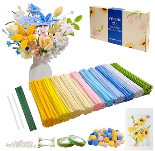 YYUENG TAK 500 Stück Gelb und Blau Pfeifenreiniger Blumen set(Bonbonfarben),Geschenkbox enth Anweisungen,25 Blumendraht,100 Staubblatt,Perle,pompons,pfeifenputzer zum basteln Blumen Basteln & Diy