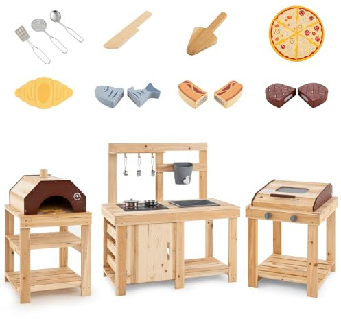 HOMASIS Jouet de cuisine 3 en 1 pour enfants en bois, jeu pour barbecue et four à pizza, jouet éducatif avec ustensiles de cuisine, nourriture et réservoir d'eau pour enfants à partir de 3 ans
