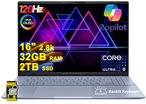 ASUS Vivobook S16 AI PC Laptop 16 2.8k OLED 120Hz (600nits, 100% DCI-P3) Intel 16-core Ultra 9 285H 32GB RAM 2TB SSD Backlit for Creator Designer Business Professional Win11 ICP Hub/Copilot+ AI