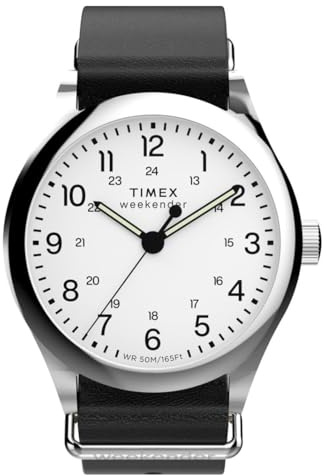 Timex Weekender New England TW2Y35800 - Orologio al quarzo da Uomo, 3 lancette, 39 mm, cinturino in Pelle Marrone Con quadrante Bianco e cassa in Acciaio INOX