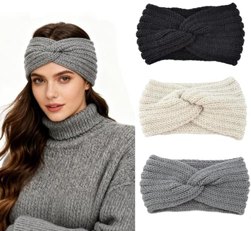 Winterstirnbänder für Damen, 3er-Pack gestrickte Stirnbänder, elastische gehäkelte Ohrenwärmer-Stirnbänder für Damen und Mädchen