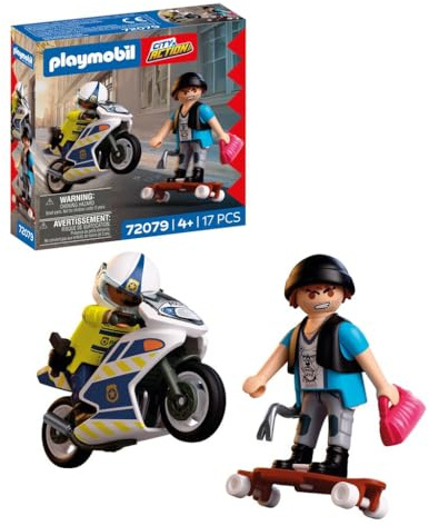 Playmobil City Action Poursuite policière à Moto, Un Policier poursuit Un Voleur en Longboard, Stimule la créativité, Jouet pour Enfants à partir de 4 Ans, 72079