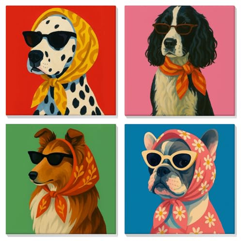 EOBROMD 4 Piezas Perro Elegante Pintar por Numeros Adultos, Pintura por Numeros con Marco, Kit de Pintura al óleo de Lienzo DIY para con Pinceles, Pigmento Acrílico, Decoración para el Hogar 20x20cm