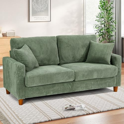TOTEBOX Corduroy 2-Seater Sofa Loveseat Couch Green, 178cm Comfy Love Seat with Fluffy Backrest, 2 Soft Pillows, Cushion Seat, Armrest, 2 Seater Sofas for Living Room, Office