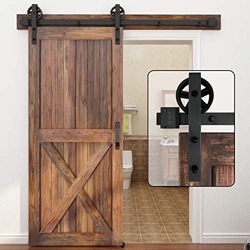 Winsoon - Kit para puerta corredera individual de madera de 1,5-4,8 m, negro, kit de rodillos de rueda de radios grandes, para garaje, armario, acero al carbono, sistema de rieles planos (2,28 m)