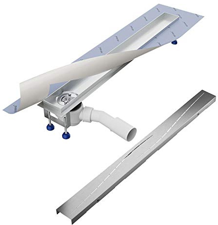 Aquabad Duschrinne SDS Pro 60 cm, gebürtseter Edelstahl inkl. Haarsieb, Abgang seitlich waagerecht, Blende MODERN, Ablaufrinne, Komplettset