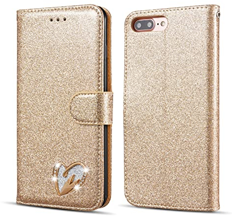 QLTYPRI Wallet Case for iPhone 6 iPhone 6S, Glitter PU Leather Case TPU Bumper Card Holder Kickstand [Wrist Strap] [Inlaid Heart Diamond] Flip Folio Case Cover for iPhone 6 iPhone 6S - Gold