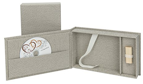 Elegantdisk Caja de almacenamiento para bodas USB/DVD con caja de fotos, 13 x 18 cm, tela de lino, color gris