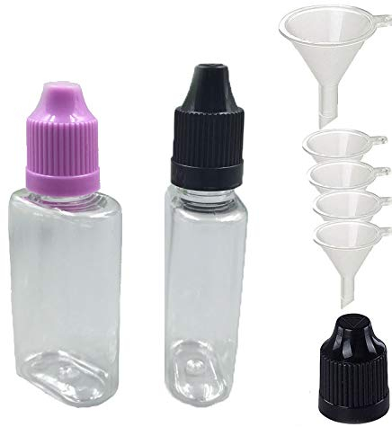 5 Pack x 30ml Plastic Dropper Bottles Transparent Clear Juice Vape Oil Liquid Squeezable Flat Containers with Mixed Colour Childproof Caps Pointed Dropper Tips