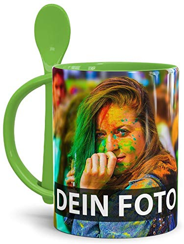 Tasse selbst individuell gestalten/Personalisierbar mit eigenem Foto Bedrucken/Fototasse/Motivtasse/Werbetasse/Firmentasse mit Logo/Löffeltasse Klassik Hellgrün - XXL Druck