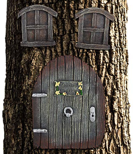 Relaxdays Feentür Garten, 3-teilig, Feenfenster, Baumstamm Deko, wetterfest, Baumdeko zum Aufhängen, Fairy Door, braun