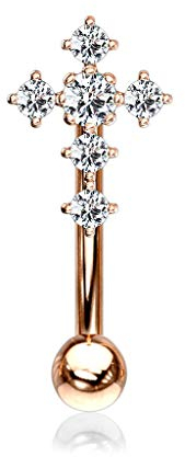 eeddoo Augenbrauenpiercing Piercing-Banane aus Edelstahl mit Kreuz Applikation und Kristallen ((3) Rosegold)