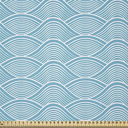 ABAKUHAUS Blau Stoff als Meterware, Japanische Ozean Meer Wellen, ausdehnbar mit Elestan für Heimwerkarbeiten und Näharbeiten, 3Meters, Weiß